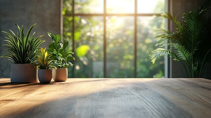 A smooth wooden table with clean lines, paired with a carefully selected array of green plants in chic pots, soft natural light creating gentle shadows, minimalist and modern design, hd quality,