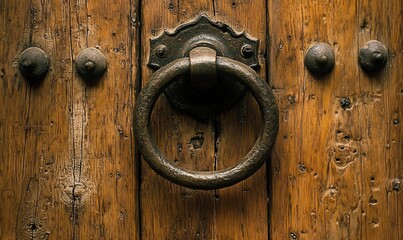 Fototapeta premium Antique iron door knocker on weathered wood door.