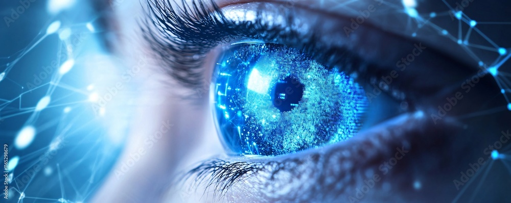 Poster woman eye showing futuristic digital data network connection