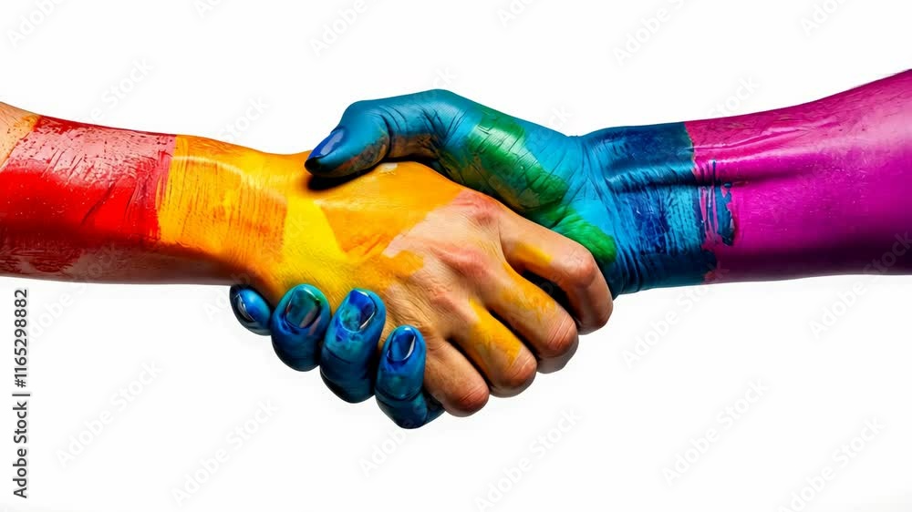 Poster two hands shaking hands in a rainbow of colors. concept of unity and harmony, as the two hands come 