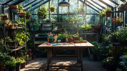 A weathered wooden table in a vibrant greenhouse, covered with gardening tools and surrounded by lush greenery, hanging plants creating a canopy overhead, sunlight casting warm tones, hd quality,