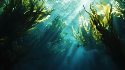 Obraz premium Underwater seascape in Galicia with patches of algae swaying on the ocean floor, touched by soft rays of natural sunlight.