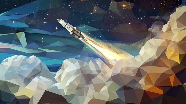 geometric vector illustration of rocket leaving earth atmosphere with stylized clouds and blurred stars