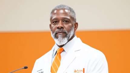 A professional in a white coat stands confidently at a podium.