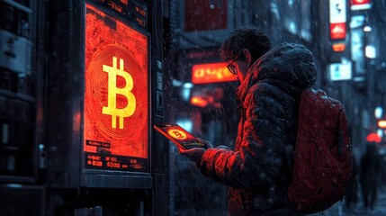 Fototapeta premium Person in a Rainy City Holding a Tablet While Interacting with a Bitcoin Display in Neon Red Illuminated Streets
