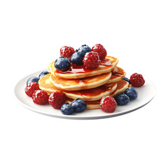 a plate of pancakes with berries and syrup