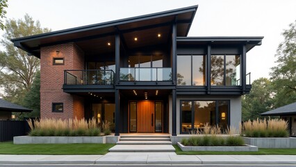 Fototapeta premium Modern façade with large glass panels, black metal-framed windows, wooden cladding, flat roof, geometric wooden door, and low-maintenance lavender and shrubs for a sleek, minimalist look.