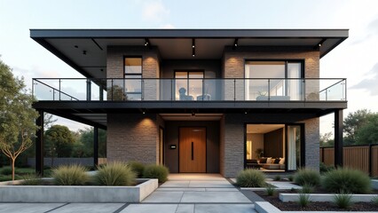 Fototapeta premium Modern façade with large glass panels, black metal-framed windows, wooden cladding, flat roof, geometric wooden door, and low-maintenance lavender and shrubs for a sleek, minimalist look.