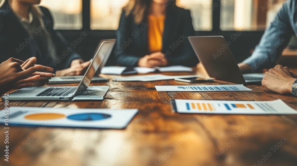 Poster professional business meeting with diverse participants engaged in discussion, analyzing reports and