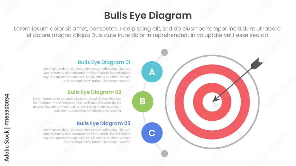 Sticker bulls eye diagram infographic template banner with big dart and half circular point description with 3 point for slide presentation