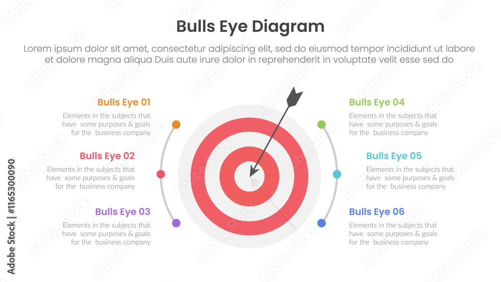 Poster bulls eye diagram infographic template banner with big dart on center with half circle line spread w