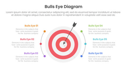 bulls eye diagram infographic template banner with big dart on center with half circle line spread with 6 point for slide presentation