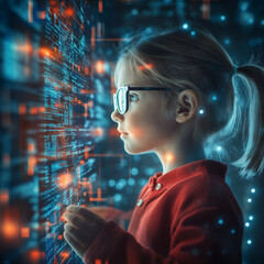 Naklejka premium Innovative coding session tech lab digital learning experience futuristic environment close-up perspective inspiring young minds