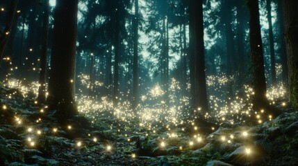 Fototapeta premium Enchanted Forest Glowing Fireflies Mystical Night Scene Fantasy Nature