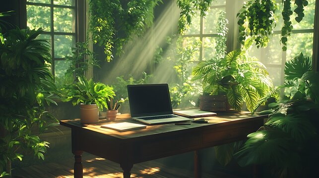 A wooden desk surrounded by vibrant green plants, with a laptop and a notebook placed on top, natural light streaming in through nearby windows, creating a peaceful and productive workspace,