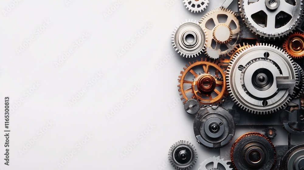 Poster interlocking metal gears forming intricate mechanism on white background