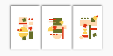 Set of three abstract mid century wall art vector. Geometric poster vector collection.