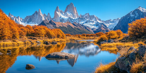 Obraz premium Mountain range in autumn with vivid foliage in the foreground and majestic peaks under a clear sky, creating a breathtaking and vibrant fall landscape.