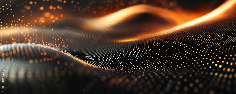 Poster abstract particles background forming wavy surface with orange light