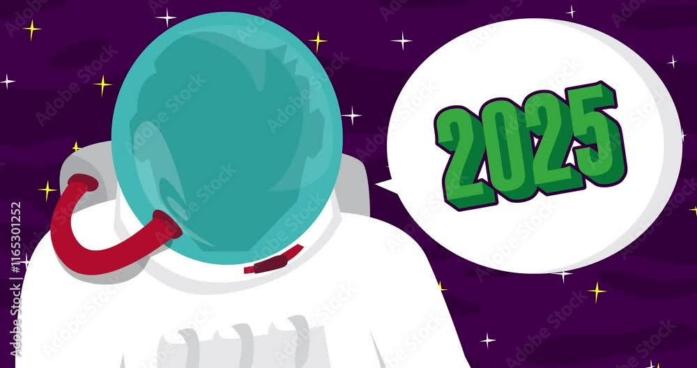 Poster astronaut with number 2025 in space. abstract cartoon animation. 4k hd format resolution video.