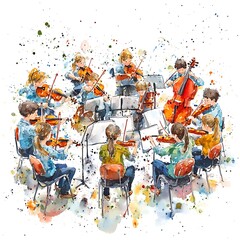 Watercolor painting of a youth string orchestra performing together.