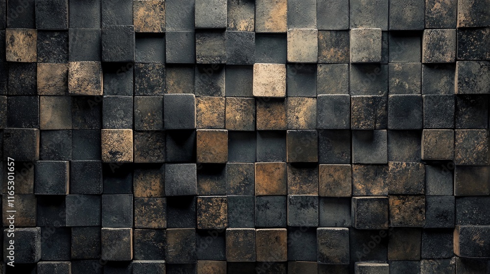 Poster Dark and gold cubes creating textured background design