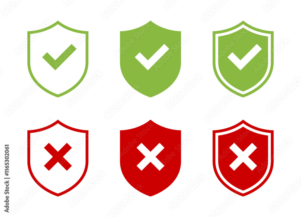 Poster shield with check and cross mark icon set in flat design. security defense sign symbol