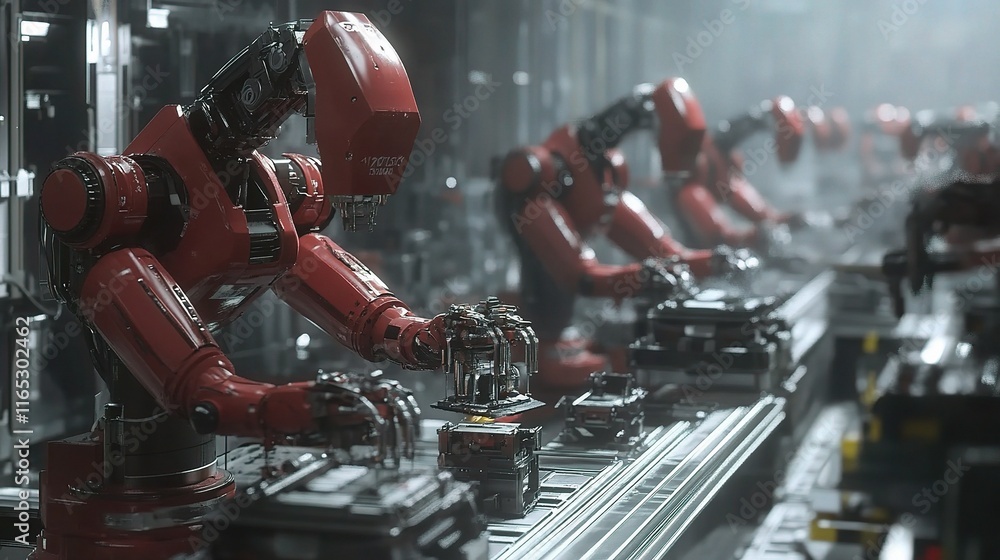 Poster advanced robotic arms assembling components in modern factory