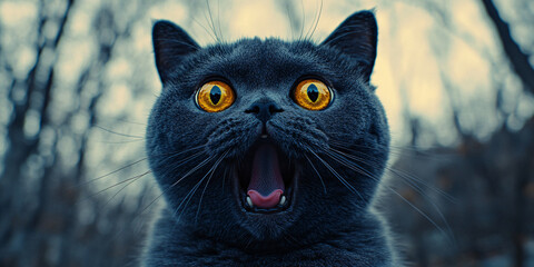 A close-up shot of a surprised British Shorthair cat with bright yellow eyes.