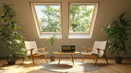 Fototapeta premium Cozy Living Room with Natural Light, Vintage Radio, and Indoor Plants