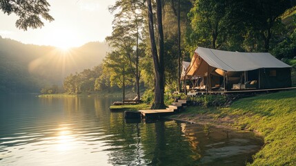 Fototapeta premium A serene lakeside camp reflecting eco-friendly adventure travel ideals, with biodegradable setups and green surroundings