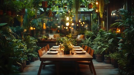Obraz premium A wooden table set for a luxurious dinner in a botanical-themed space, surrounded by hanging plants and potted greenery, soft light creating an enchanting atmosphere, hd quality,