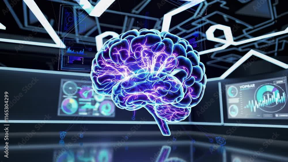Aufkleber exploring the intersection of technology and neuroscience in a futuristic digital environment