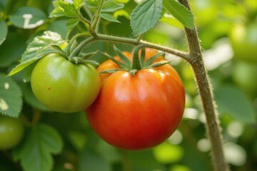 Ripe Red Tomato and Unripe Green Tomato on Vine in Sunlight