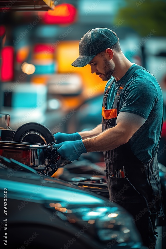 Poster mechanic loading car parts into customer vehicle with softly blurred vibrant shop visuals in backgro