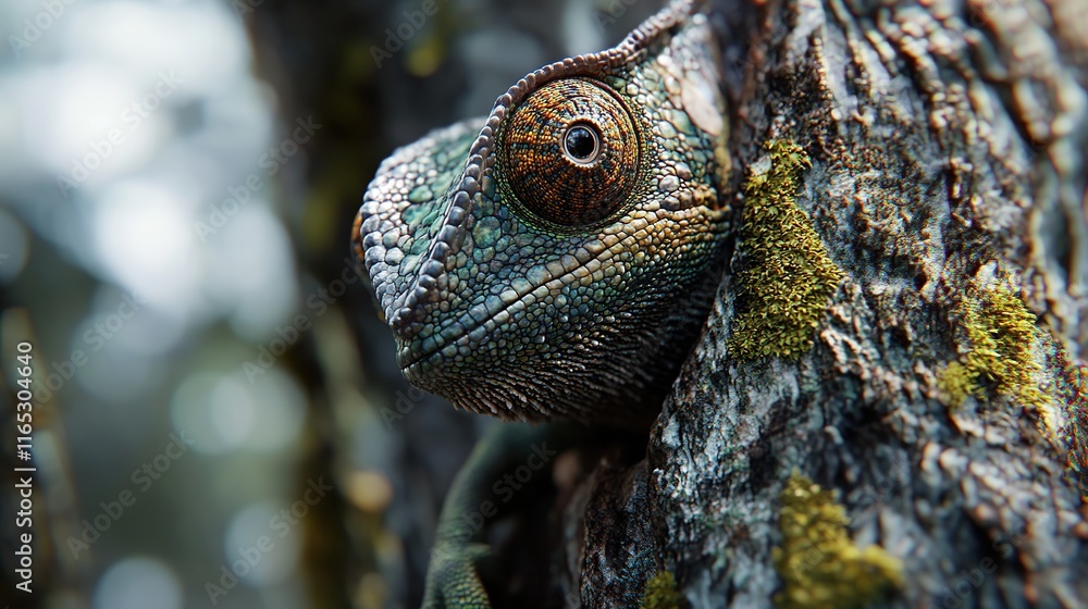 Poster a close-up of a chameleon blending in with a tree branch, its skin matching the bark perfectly.