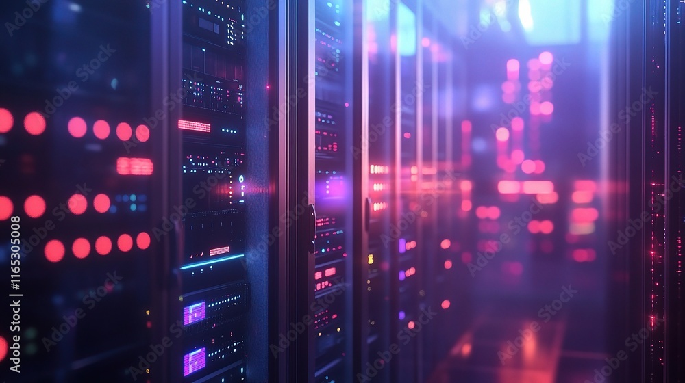 Poster digital data flows through network infrastructure in modern data center