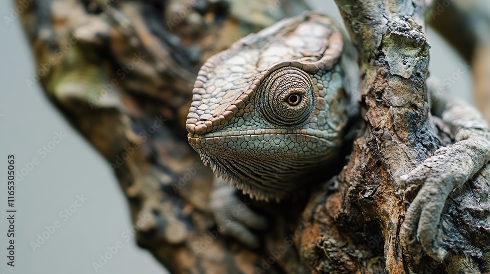 Poster a close-up of a chameleon blending in with a tree branch, its skin matching the bark perfectly.