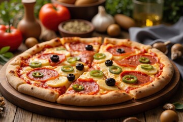 Delicious Pepperoni Pizza with Fresh Toppings on Rustic Table