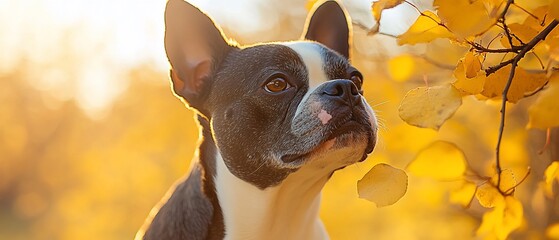 Boston Terrier dog in autumn leaves.