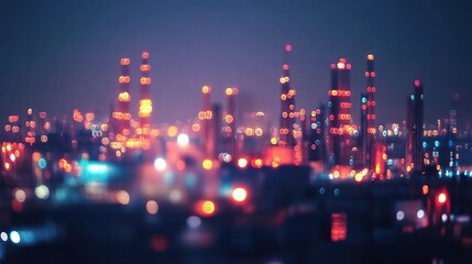 Fototapeta premium Blurred City Lights at Night with Industrial Concept in Focus