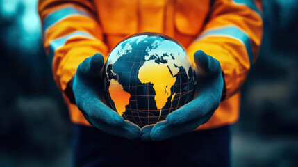 Global workplace safety and health awareness concept with protective gear. Day for Safety and Health at Work. Horizontal banner. Copy space. Globe in the hands of builder