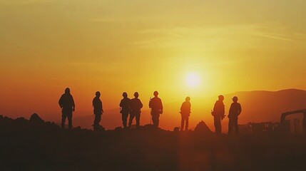 Fototapeta premium Silhouette of Engineer and Construction Team at Sunset