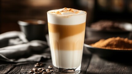 Creamy Layered Coffee Drink in Glass on Wooden Table Surrounded by Coffee Ingredients
