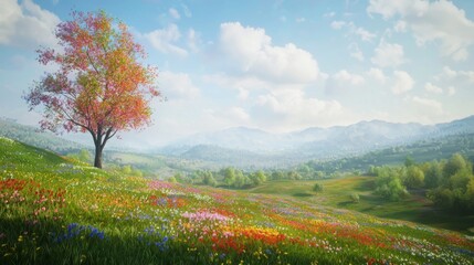 Fototapeta premium Serene Spring Meadow Blooming Wildflowers Tree Mountains