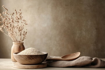 Rustic wooden bowl with quinoa and wooden spoon on linen cloth