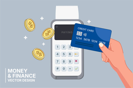 vector 2d hand holding credit card while touching credit card reader for payment,money and finance concept, flat vector design