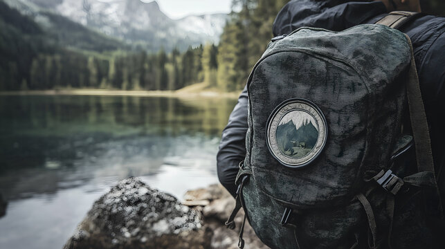 Customizable backpack patch mock up with an adventure themed design. Travel concept, free space for text, mountain view
