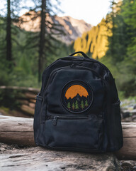Customizable backpack patch mock up with an adventure themed design. Travel concept, free space for text, mountain view