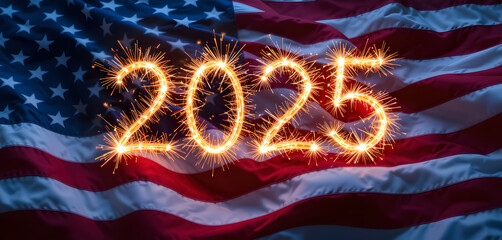 Full-Screen American Flag in Vivid Detail with "2025" in Glowing Fireworks, Rippling in Night Sky, Patriotic Celebration Scene